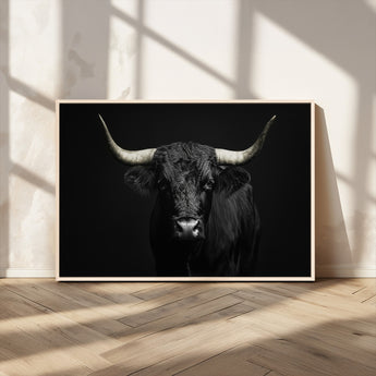 97914921-MGV-CV-36X24-Black Bull Wall Art Canvas Print, Framed Longhorn Bull Art Picture Print, Western Bull Perfect Monochrome Western Decor Artwork
