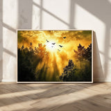 13776802-MGV-CV-36X24-Golden Forest Wall Art Canvas Print, Framed Sunset Pines Art Picture Print, Flying Birds Perfect Nature Glow Decor Artwork