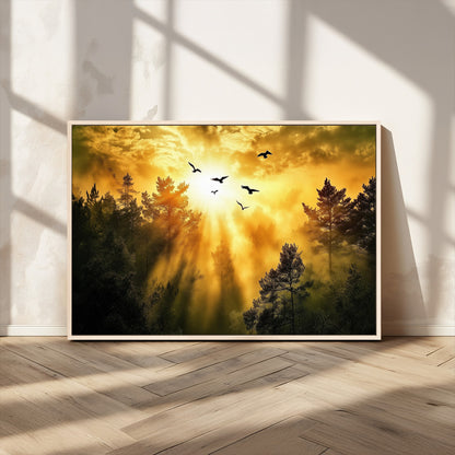 13776802-MGV-CV-36X24-Golden Forest Wall Art Canvas Print, Framed Sunset Pines Art Picture Print, Flying Birds Perfect Nature Glow Decor Artwork