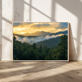 68082278-MGV-CV-36X24-Mountain Sunrise Wall Art Canvas Print, Framed Pine Forest Art Picture Print, Misty Mountains Perfect Earthy Woodland Decor