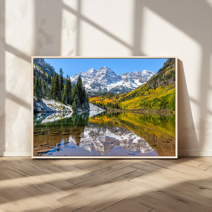 87724099-MGV-CV-36X24-Maroon Bells Wall Art Canvas Print, Framed Snowy Mountains Art Picture Print, Pine Forest Perfect Vibrant Alpine Decor Artwork