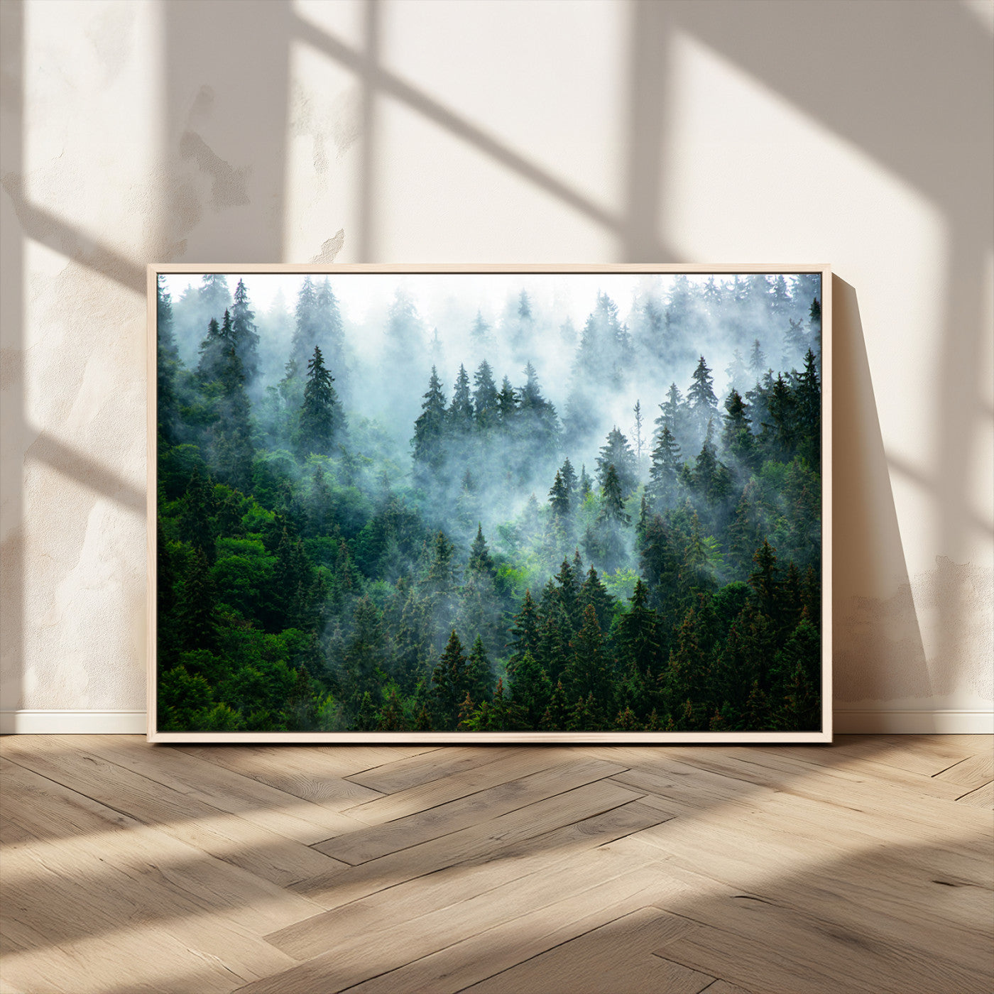 17393683-MGV-CV-36X24-Misty Forest Art Wall Art Canvas Print, Framed Foggy Mountain Art Art Picture Print, Scenic Wall Print Perfect Decor Artwork