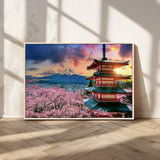32331262-MGV-CV-36X24-Mount Fuji Japan Wall Art – Cherry Blossom Landscape Canvas Print, Chureito Pagoda Sunset Photography, Japanese Nature Travel