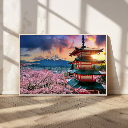 32331262-MGV-CV-36X24-Mount Fuji Japan Wall Art – Cherry Blossom Landscape Canvas Print, Chureito Pagoda Sunset Photography, Japanese Nature Travel