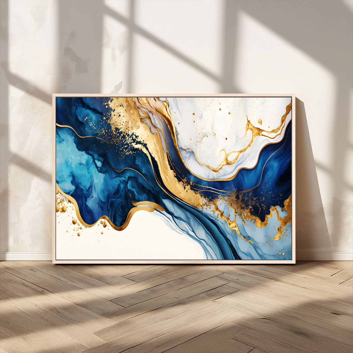 60283636-MGV-CV-36X24-Blue Gold Flow Wall Art Canvas Print, Framed Marble Texture Art Picture Print, Elegant Splash Perfect Elegant Abstract Decor