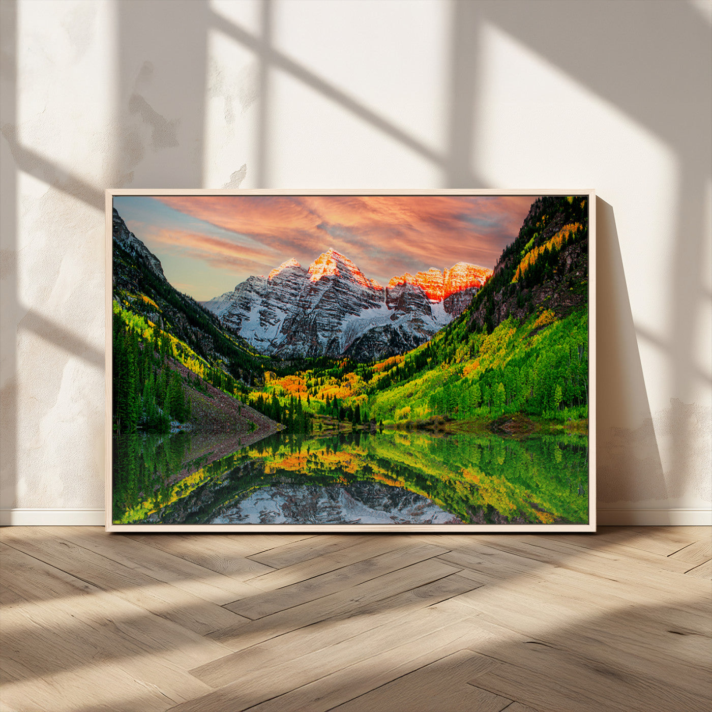 59533484-MGV-CV-36X24-Maroon Bells Autumn Wall Art – Panoramic Mountain Landscape Canvas Print, Sunset Reflection Nature Artwork for Living Room, Office