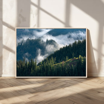 84598503-MGV-CV-36X24-Misty Forest Wall Art Canvas Print, Framed Pine Hills Art Picture Print, Moody Hills Perfect Moody Woodland Decor Artwork