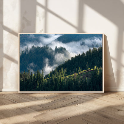 84598503-MGV-CV-36X24-Misty Forest Wall Art Canvas Print, Framed Pine Hills Art Picture Print, Moody Hills Perfect Moody Woodland Decor Artwork