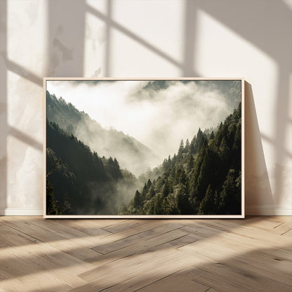 57570237-MGV-CV-36X24-Misty Valley Wall Art Canvas Print, Framed Foggy Forest Art Picture Print, Pine Trees Perfect Moody Woodland Decor Artwork