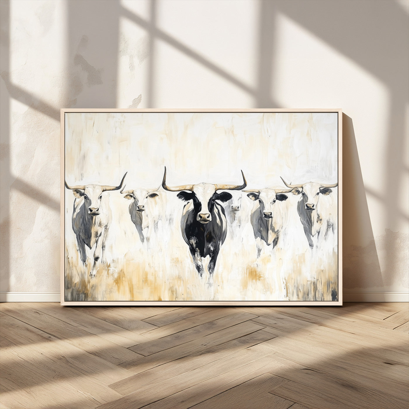 40397799-MGV-CV-36X24-Texas Longhorn Wall Art Canvas Print, Framed Rustic Herd Art Picture Print, Western Bull Perfect Neutral Western Decor Artwork