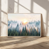92718976-MGV-CV-36X24-Misty Forest Wall Art Canvas Print, Framed Sunrise Pines Art Picture Print, Foggy Woodland Perfect Moody Woodland Decor Artwork