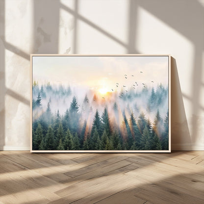 92718976-MGV-CV-36X24-Misty Forest Wall Art Canvas Print, Framed Sunrise Pines Art Picture Print, Foggy Woodland Perfect Moody Woodland Decor Artwork