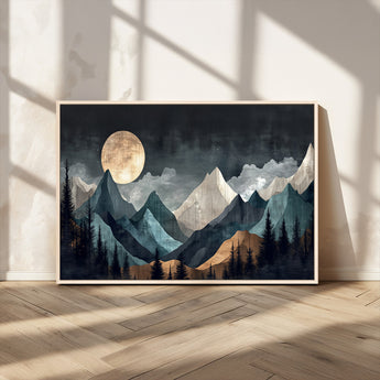 11060882-MGV-CV-36X24-Moonlit Mountains Wall Art Canvas Print, Framed Forest Silhouette Art Picture Print, Night Landscape Perfect Modern Forest Decor