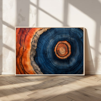 72209152-MGV-CV-36X24-Abstract Tree Ring Wall Art – Vibrant Blue Orange Wood Grain Canvas Print, Rustic Modern Nature Artwork for Living Room, Office,