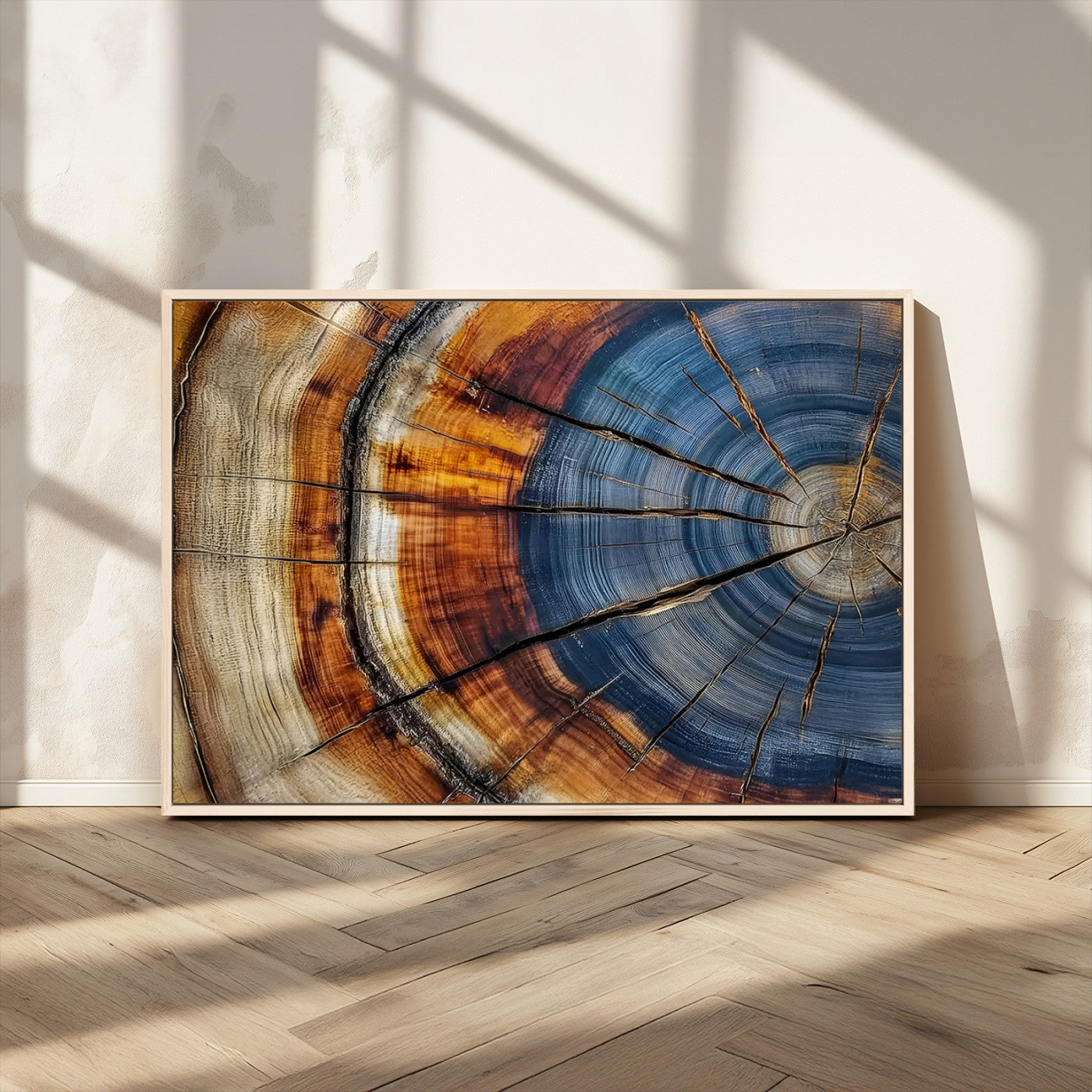 18032999-MGV-FC-36X24_Natural-Tree Ring Wall Art – Blue Brown Abstract Wood Slice Canvas Print, Rustic Modern Nature Decor for Living Room, Office, Bedroom or