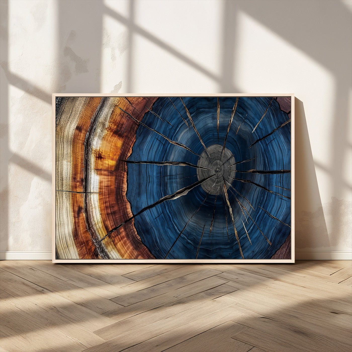 60099360-MGV-CV-36X24-Blue Tree Ring Wall Art – Rustic Wood Grain Canvas Print, Modern Abstract Artwork with Natural Texture for Living Room, Bedroom,