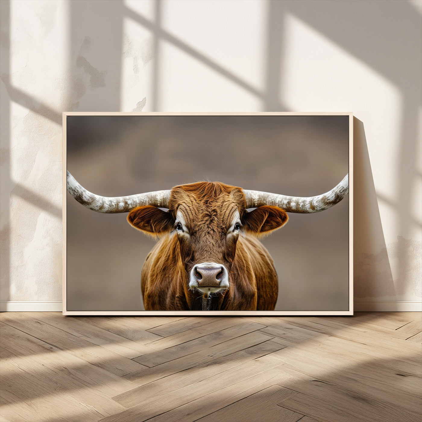 12179171-MGV-CV-36X24-Texas Longhorn Wall Art Canvas Print, Framed Brown Bull Art Picture Print, Lone Cattle Perfect Rustic Western Decor Artwork