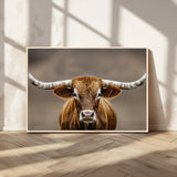 12179171-MGV-CV-36X24-Texas Longhorn Wall Art Canvas Print, Framed Brown Bull Art Picture Print, Lone Cattle Perfect Rustic Western Decor Artwork