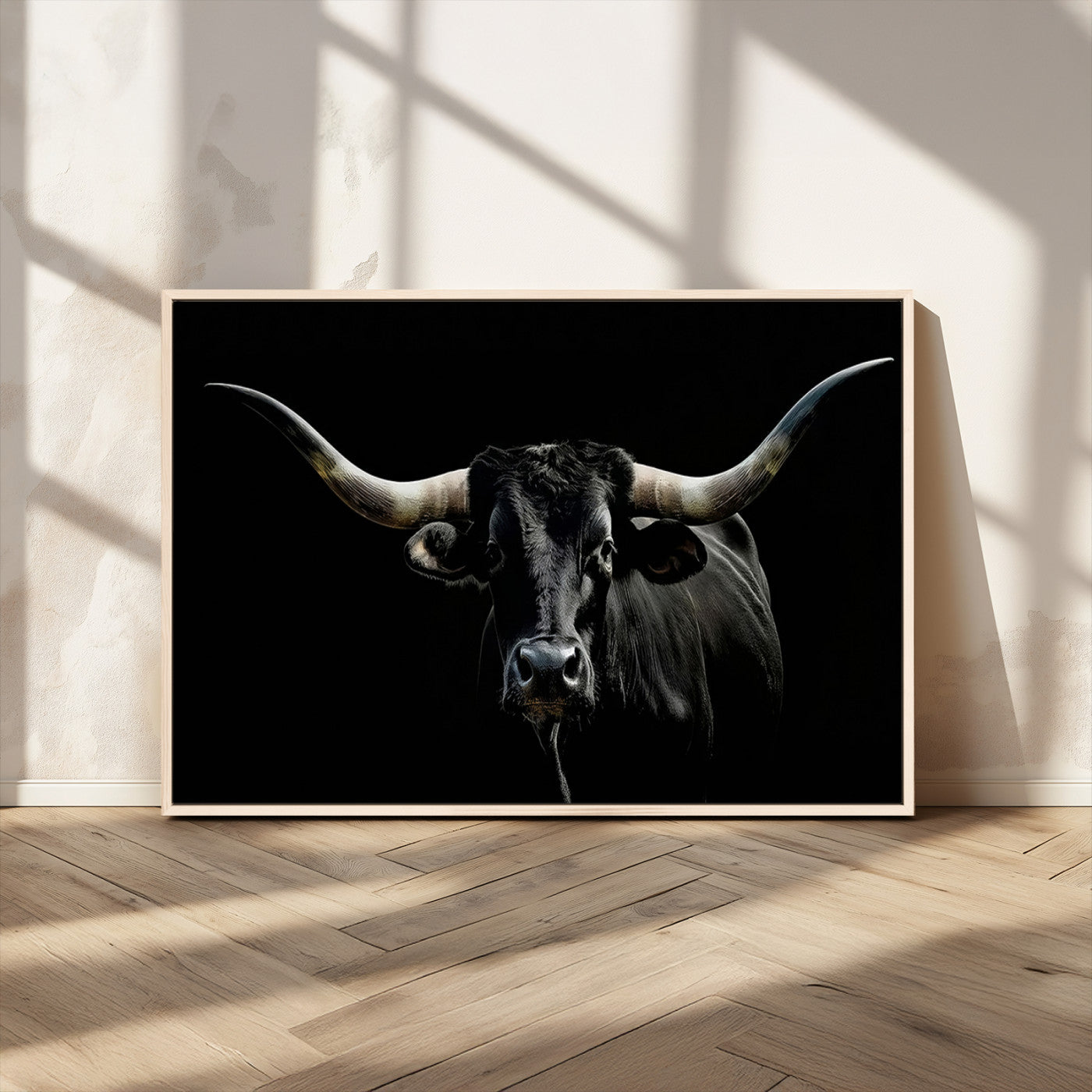 37531960-MGV-FC-36X24_Natural-Black Longhorn Bull Wall Art – Dramatic Western Cattle Canvas Print, Rustic Farmhouse Animal Artwork for Living Room, Bedroom,