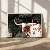 54027638-MGV-CV-36X24-Texas Longhorn Wall Art Canvas Print, Framed Spotted Cow Art Picture Print, Horned Bull Perfect Rustic Western Decor Artwork