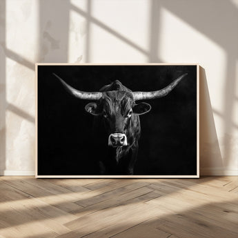 42077175-MGV-CV-36X24-Texas Longhorn Wall Art Canvas Print, Framed Monochrome Bull Art Picture Print, Horned Bull Perfect Rustic Western Decor Artwork