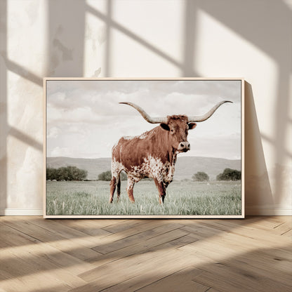 28309012-MGV-CV-36X24-Texas Longhorn Wall Art Canvas Print, Framed Spotted Cattle Art Picture Print, Horned Bull Perfect Rustic Western Decor Artwork