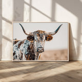 70414966-MGV-CV-36X24-Texas Longhorn Wall Art Canvas Print, Framed Speckled Cow Art Picture Print, Horned Bull Perfect Rustic Western Decor Artwork