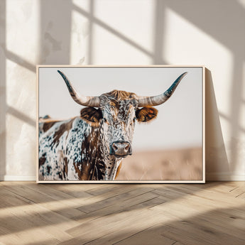 70414966-MGV-CV-36X24-Texas Longhorn Wall Art Canvas Print, Framed Speckled Cow Art Picture Print, Horned Bull Perfect Rustic Western Decor Artwork
