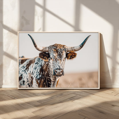 70414966-MGV-CV-36X24-Texas Longhorn Wall Art Canvas Print, Framed Speckled Cow Art Picture Print, Horned Bull Perfect Rustic Western Decor Artwork