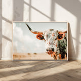 72766375-MGV-FC-36X24_Natural-Texas Longhorn Wall Art Canvas Print, Framed Spotted Cow Art Picture Print, Horned Cattle Perfect Rustic Western Decor Artwork