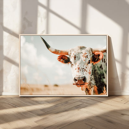 72766375-MGV-FC-36X24_Natural-Texas Longhorn Wall Art Canvas Print, Framed Spotted Cow Art Picture Print, Horned Cattle Perfect Rustic Western Decor Artwork