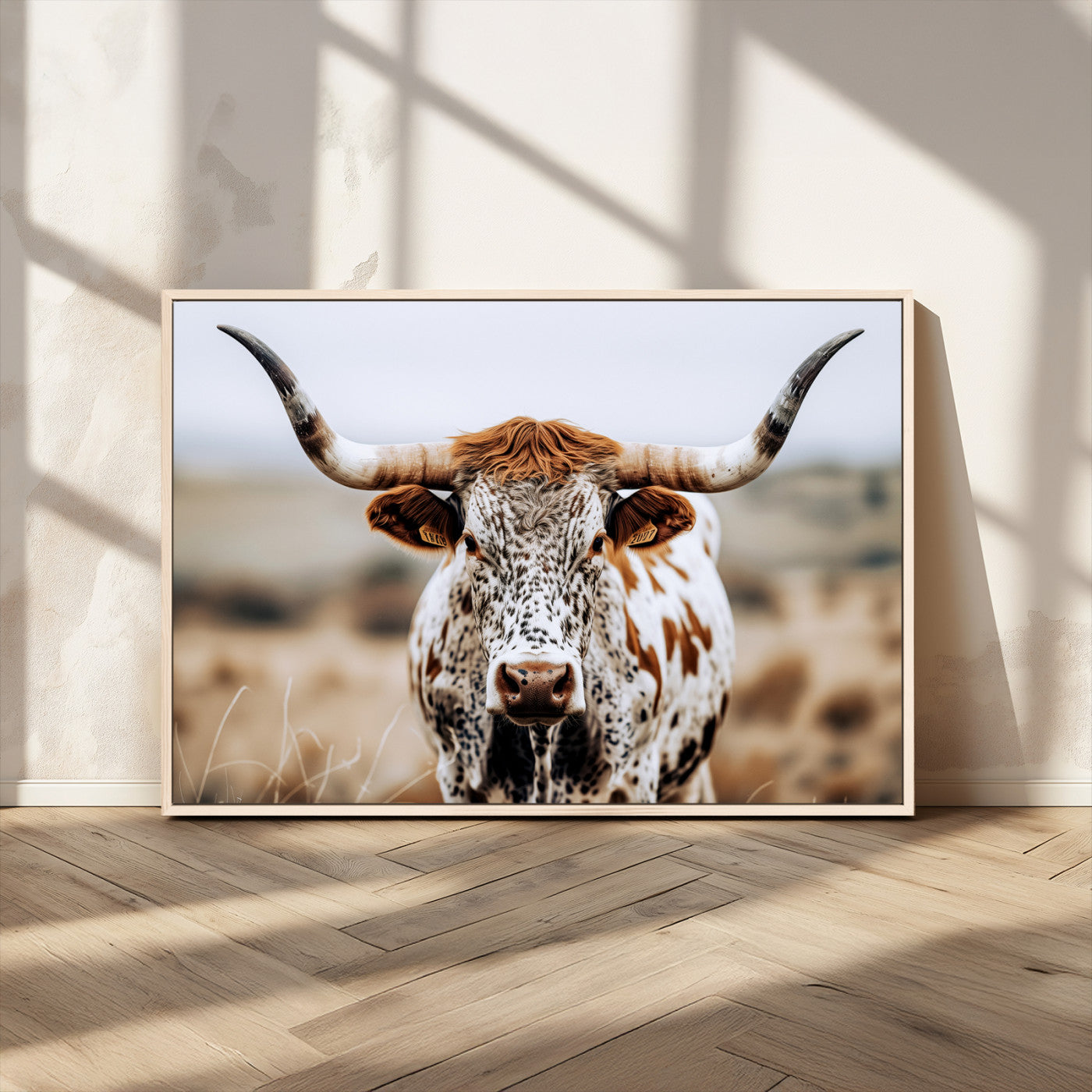 76294381-MGV-CV-36X24-Texas Longhorn Wall Art Canvas Print, Framed Spotted Cow Art Picture Print, Horned Cattle Perfect Rustic Western Decor Artwork