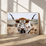 76294381-MGV-CV-36X24-Texas Longhorn Wall Art Canvas Print, Framed Spotted Cow Art Picture Print, Horned Cattle Perfect Rustic Western Decor Artwork