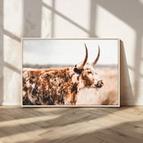 11528295-MGV-CV-36X24-Speckled Longhorn Wall Art Canvas Print, Framed Texas Cattle Art Picture Print, Horned Cow Perfect Rustic Western Decor Artwork