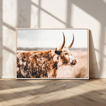 11528295-MGV-CV-36X24-Speckled Longhorn Wall Art Canvas Print, Framed Texas Cattle Art Picture Print, Horned Cow Perfect Rustic Western Decor Artwork