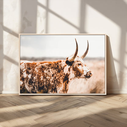 11528295-MGV-CV-36X24-Speckled Longhorn Wall Art Canvas Print, Framed Texas Cattle Art Picture Print, Horned Cow Perfect Rustic Western Decor Artwork