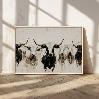 12027562-MGV-CV-36X24-Longhorn Cattle Wall Art Canvas Print, Framed Bison Herd Art Picture Print, Cattle Group Perfect Rustic Farmhouse Decor Artwork