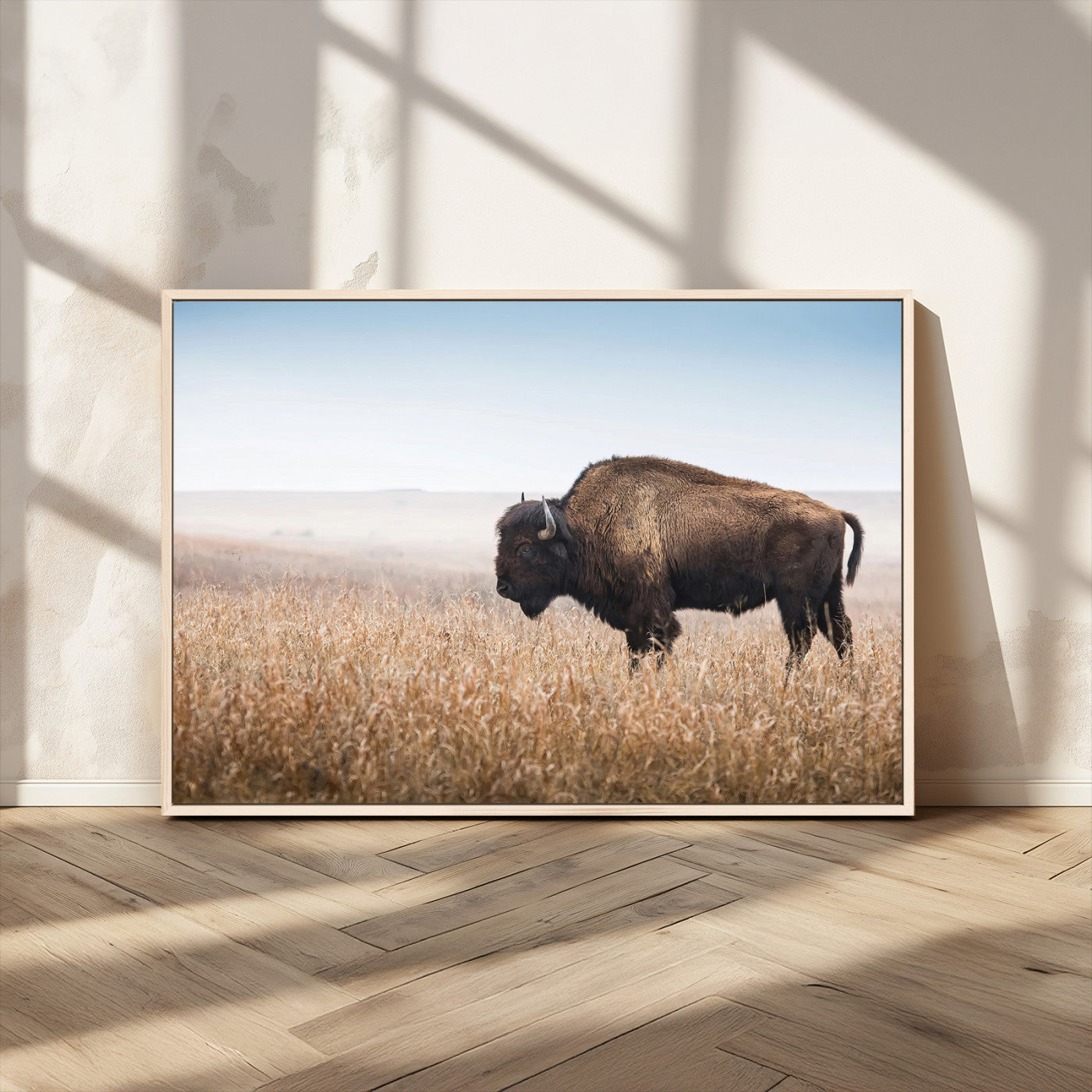 91267849-MGV-CV-36X24-Wild Bison Wall Art Canvas Print, Framed Bison in Prairie Art Picture Print, Rustic Western Perfect Rustic Western Decor Artwork