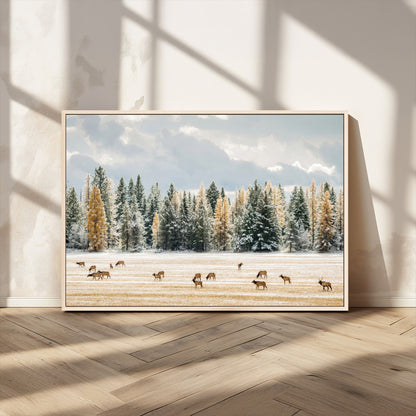 64188182-MGV-CV-36X24-Elk Herd Wall Art Canvas Print, Framed Snowy Forest Art Picture Print, Forest Elks Perfect Neutral Rustic Decor Artwork