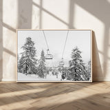 55003599-MGV-FC-36X24_Natural-Snowy Ski Lift Wall Art Canvas Print, Framed Winter Forest Art Picture Print, Ski lift Ride Perfect Winter Lodge Decor Artwork