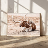 91248682-MGV-CV-36X24-Texas Longhorn Wall Art Canvas Print, Framed Resting Bull Art Picture Print, Spotted Cattle Perfect Rustic Western Decor Artwork