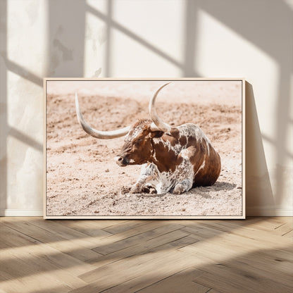 91248682-MGV-CV-36X24-Texas Longhorn Wall Art Canvas Print, Framed Resting Bull Art Picture Print, Spotted Cattle Perfect Rustic Western Decor Artwork