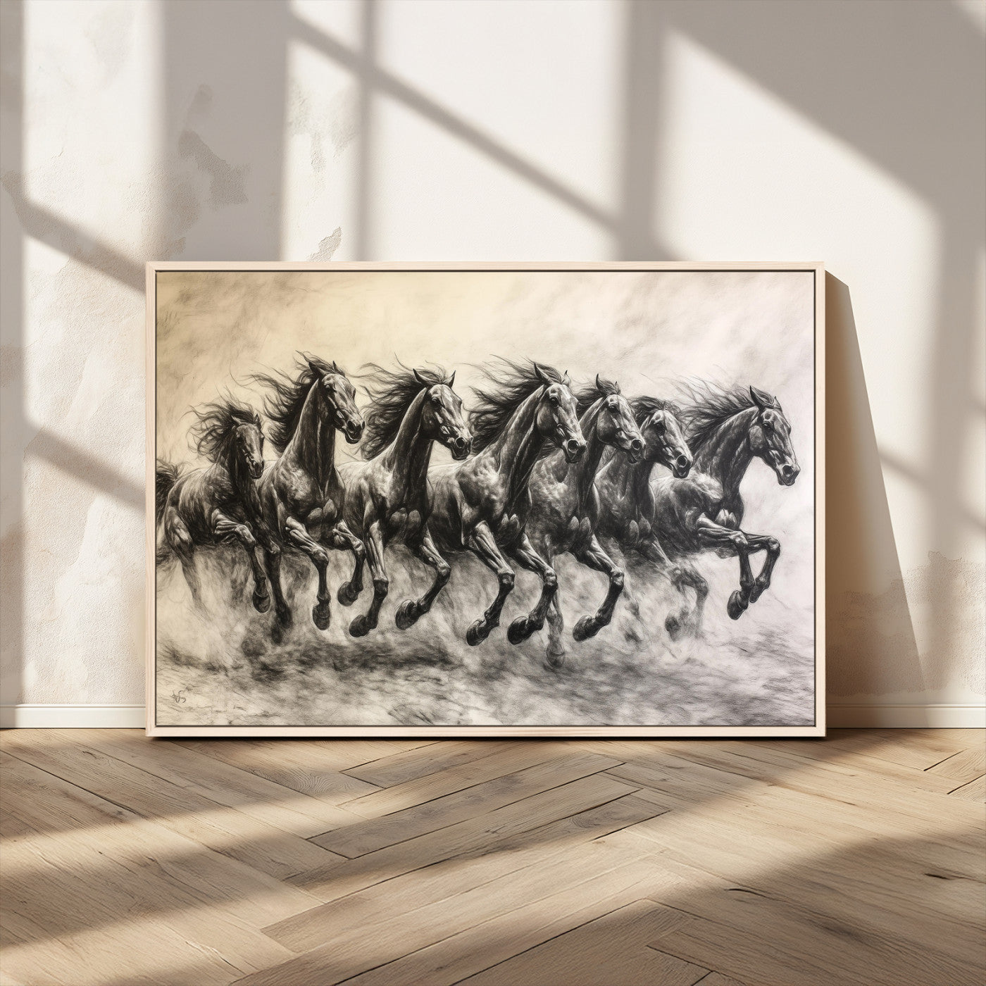 56089591-MGV-CV-36X24-Galloping Horses Wall Art Canvas Print, Framed Wild Stallions Art Picture Print, Horse Herd Sketch Perfect Monochrome Dynamic
