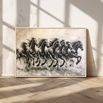 56089591-MGV-CV-36X24-Galloping Horses Wall Art Canvas Print, Framed Wild Stallions Art Picture Print, Horse Herd Sketch Perfect Monochrome Dynamic