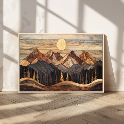 50100230-MGV-CV-36X24-Wooden Mountain Wall Art – Rustic Nature Landscape Canvas Print, Handmade Style Sun, Forest, and Peaks Artwork for Living Room,