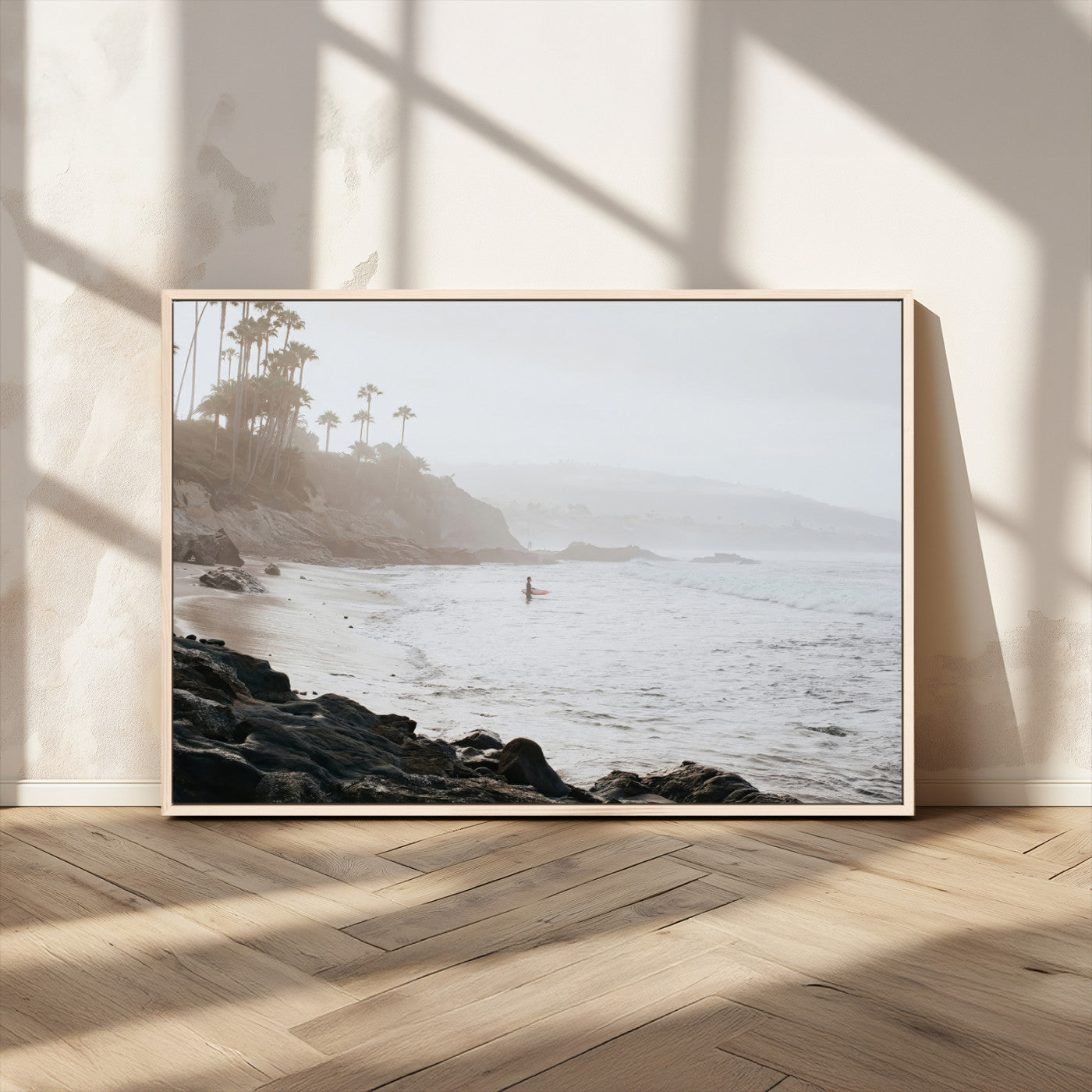 62501405-MGV-CV-36X24-Misty Beach Wall Art Canvas Print, Framed California Surfer Art Picture Print, Coastal Cliff Perfect Coastal Beach Decor Artwork