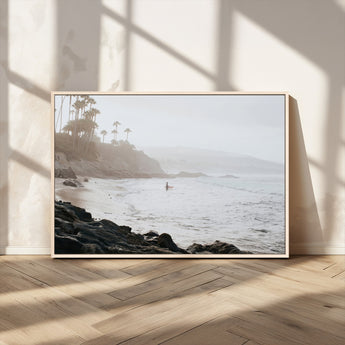62501405-MGV-CV-36X24-Misty Beach Wall Art Canvas Print, Framed California Surfer Art Picture Print, Coastal Cliff Perfect Coastal Beach Decor Artwork
