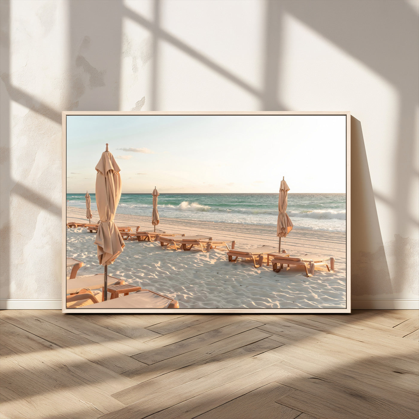 58507949-MGV-CV-36X24-Beach Umbrellas Wall Art Canvas Print, Framed Empty Loungers Art Picture Print, Soft Sand Perfect Minimalist Seaside Decor Artwork