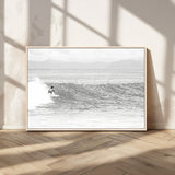 81535128-MGV-CV-36X24-Surfer Woman Wall Art Canvas Print, Framed Black Ocean Art Picture Print, Ocean Surfing Perfect Monochrome Coastal Decor Artwork