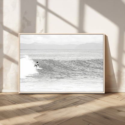 81535128-MGV-CV-36X24-Surfer Woman Wall Art Canvas Print, Framed Black Ocean Art Picture Print, Ocean Surfing Perfect Monochrome Coastal Decor Artwork